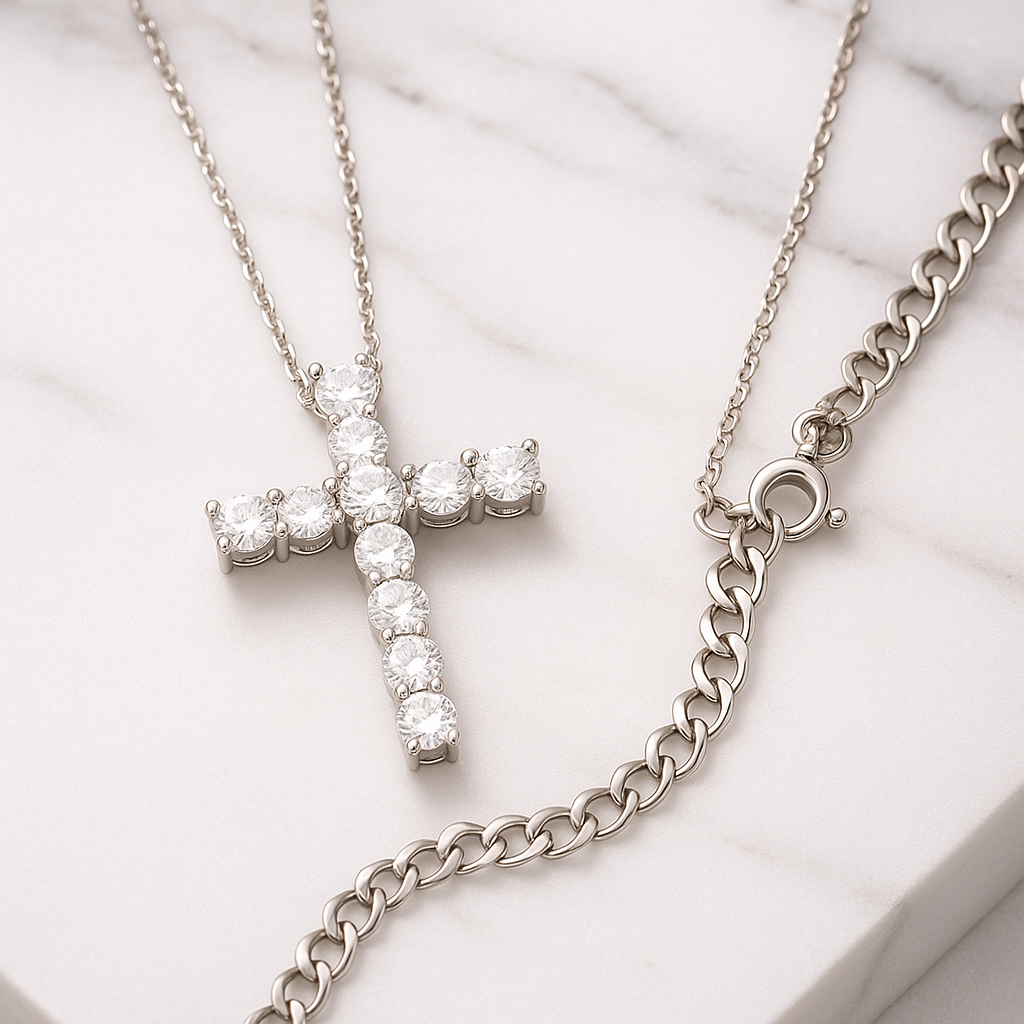 Collar Cruz en Plateado y Rosado